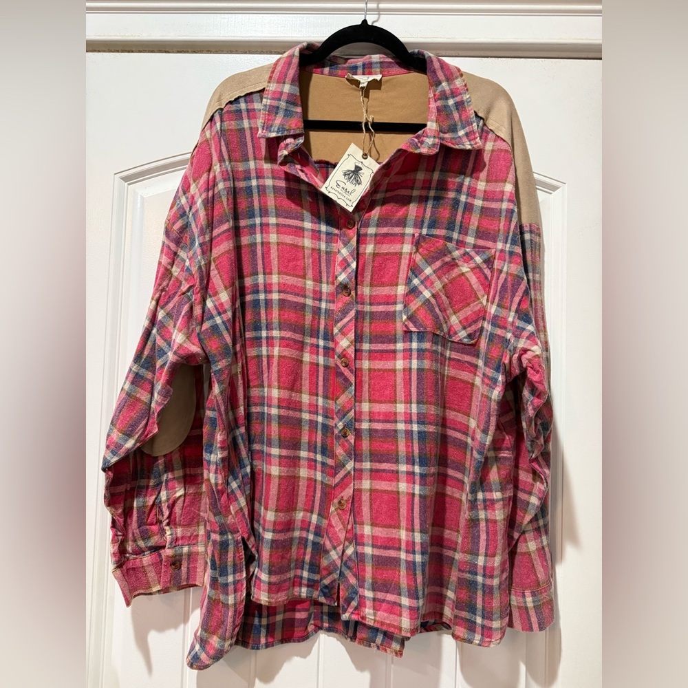 Easel Pink and Blue Plaid Button Down Shirt